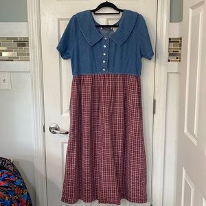 Denim top/plaid bottom granny-chic dress